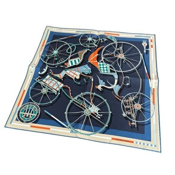 Hermes Gavroche Twill Voitures En Equilibre 45 Marine Square Scarf Handkerchief - Picture 1 of 8